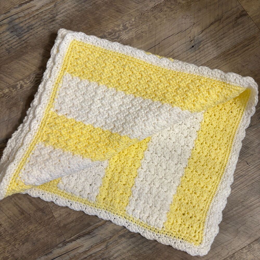 Hand Crocheted Baby Blanket 36x34 Yellow White Handmade Knit Nursery Afghan NEW